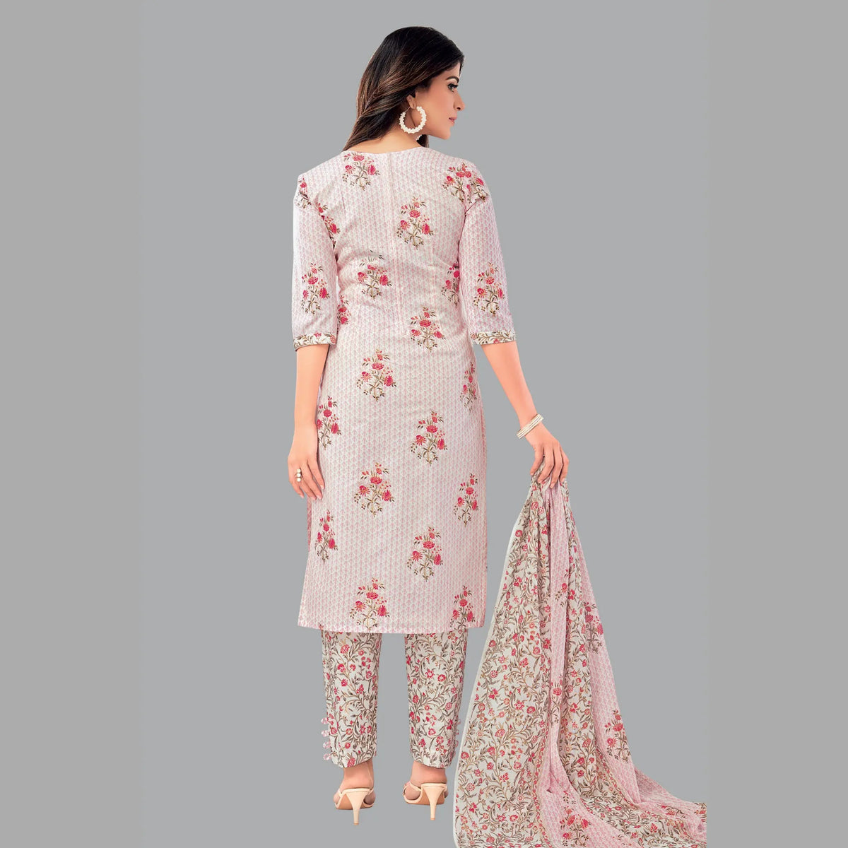 Natural Beauty: Green White Butta Print Kurta with Floral Print Pant and Matching Dupatta - Item 203