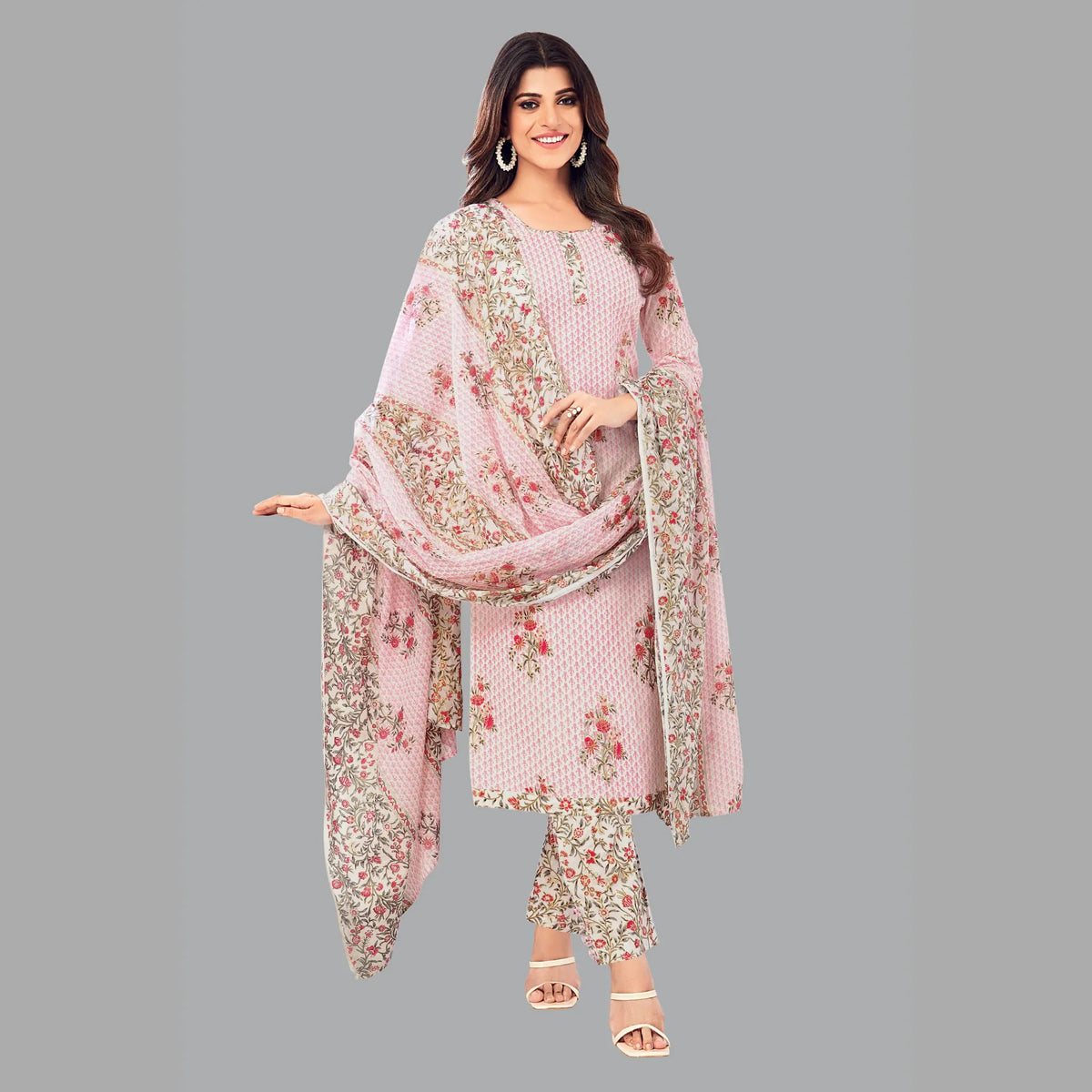 Jaipur Cotton Green White Butta Print Kurta Set with Floral Print Straight Pant and Dupatta - Women's Attire 203 Main image