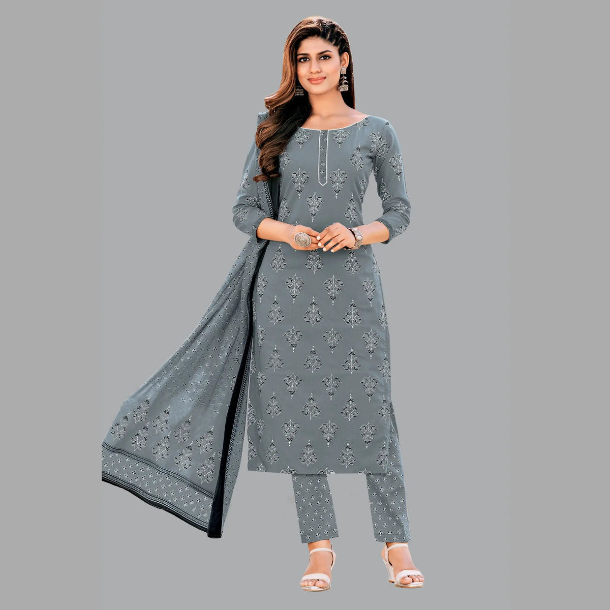 Jaipur Cotton Grey Block Print Kurta Set with Butta Print Straight Pant and Dupatta - Women's Fashion 198 Main image
