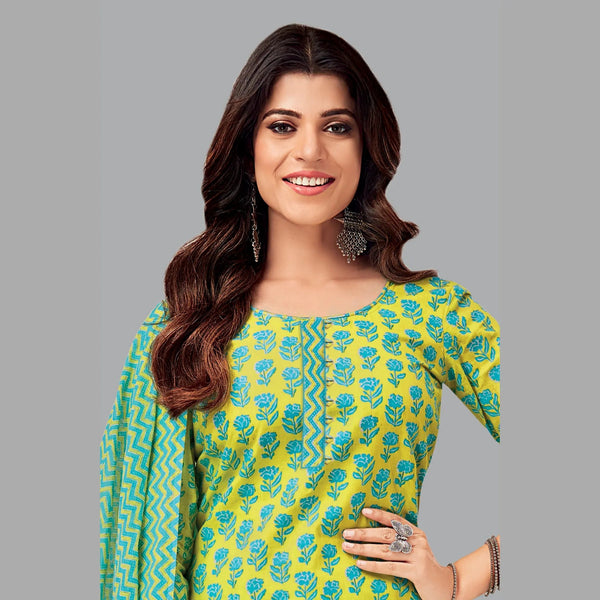 Jaipur Cotton Women's Outfit: Light Mustard Kurta, Persian Blue Straight Pant, and Matching Dupatta - Style 193