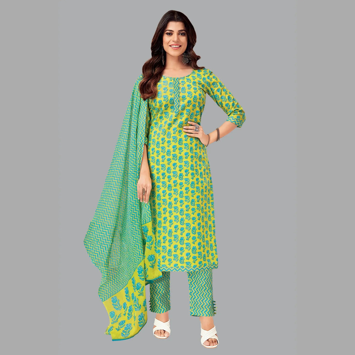 Chic Light Mustard Jaipur Cotton Kurta with Persian Blue Straight Pant and Dupatta - Women's Ensemble 193 Main image