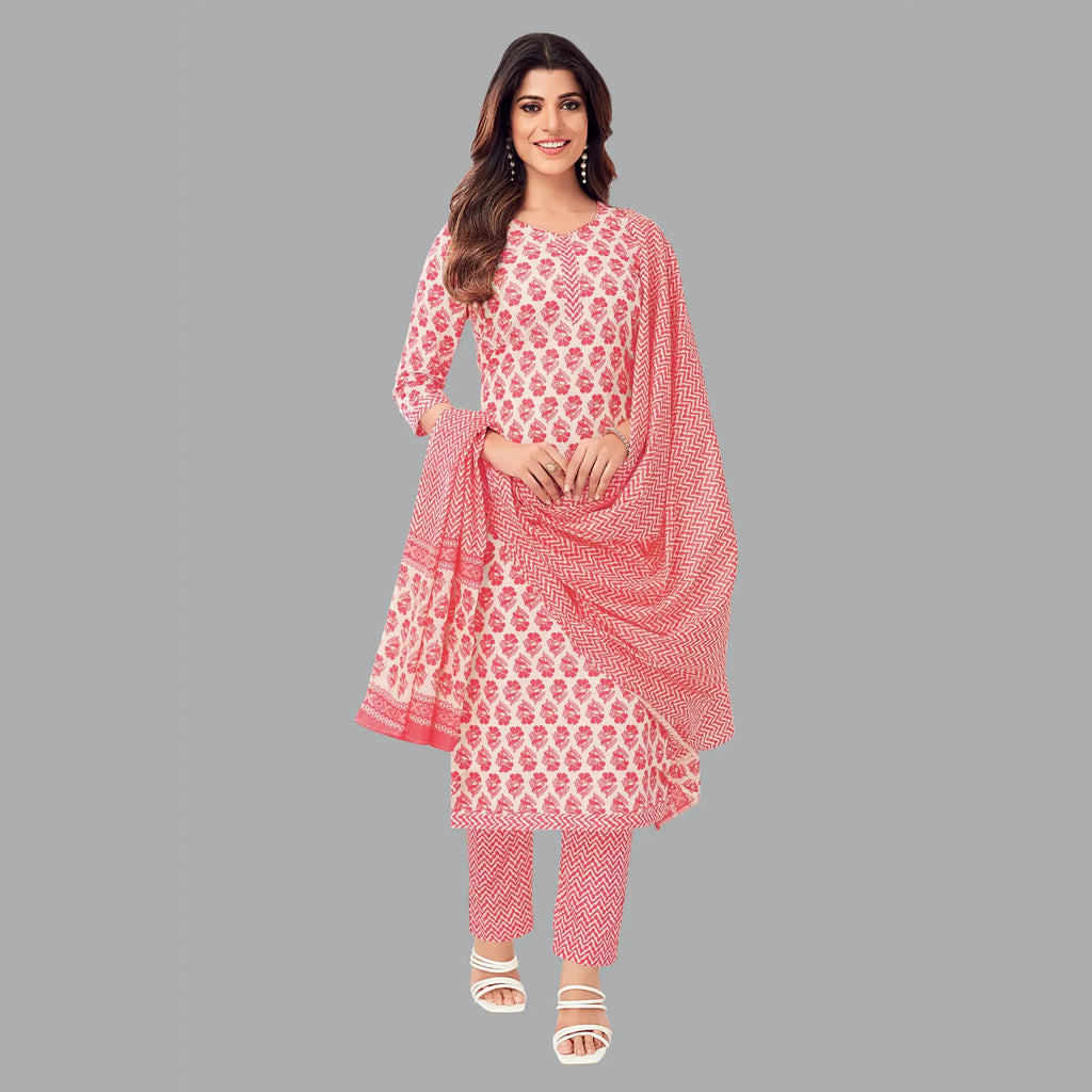 Jaipur Cotton Pale Pink Block Print Kurta with Waves Pattern Pant and Dupatta - Women's Elegance 202