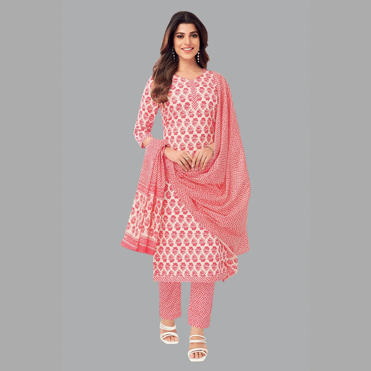 Jaipur Cotton Pale Pink Block Print Kurta with Waves Pattern Pant and Dupatta - Women's Elegance 202