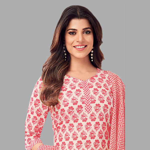Artistic Women's Attire: Pale Pink Block Print Kurta, Waves Pattern Straight Pant, and Coordinating Dupatta - Style 202