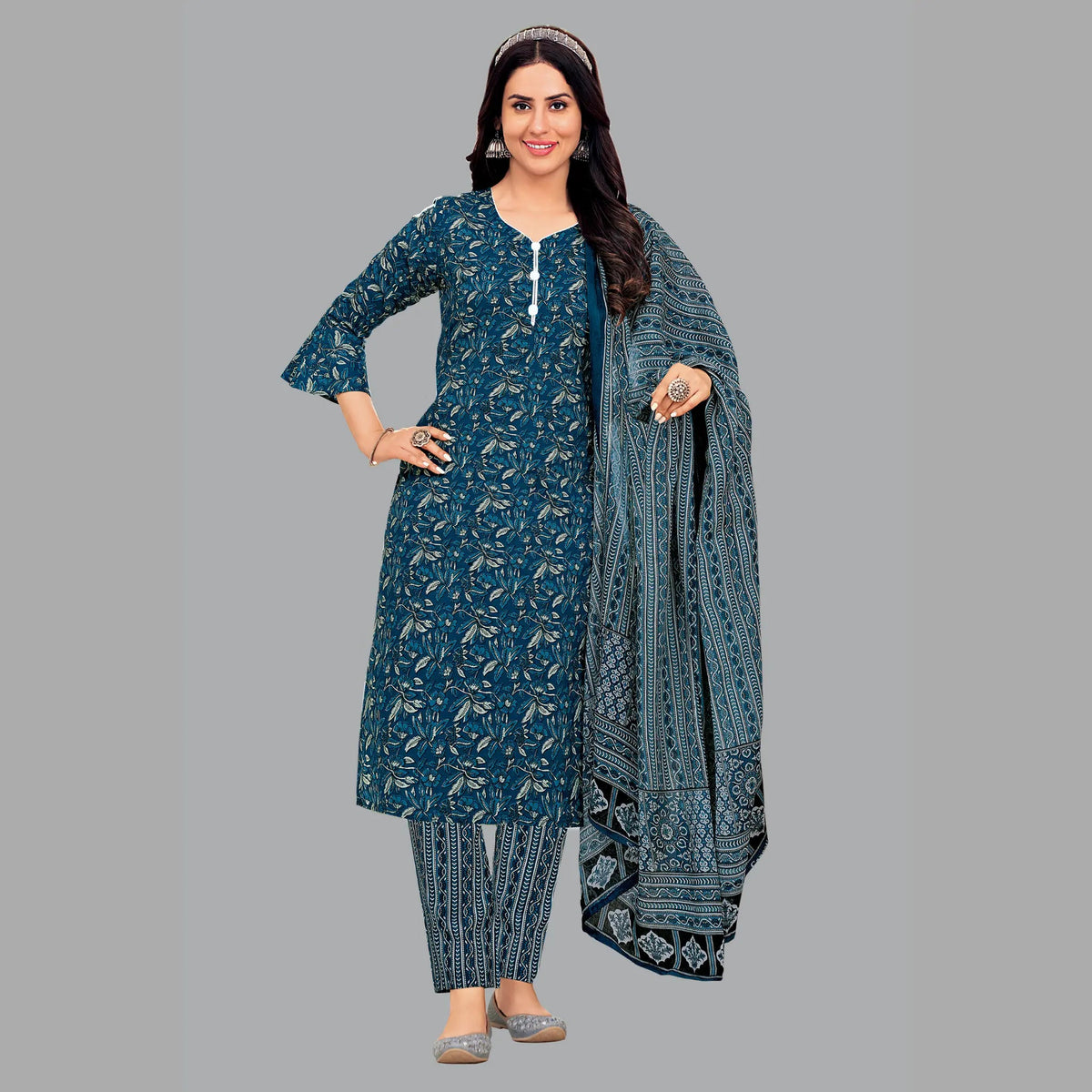 Jaipur Cotton Regal Blue Kurta Set with Straight Pant and Dupatta - Women's Elegance 200 Main image