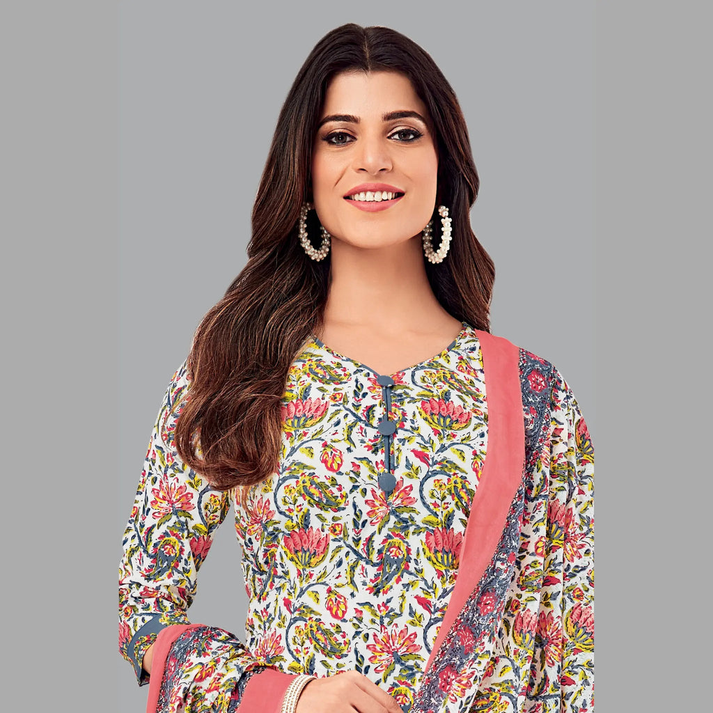 Artistic Women's Attire: Soft Peach Floral Print Kurta, Block Print Pant, and Coordinating Dupatta - Style 201