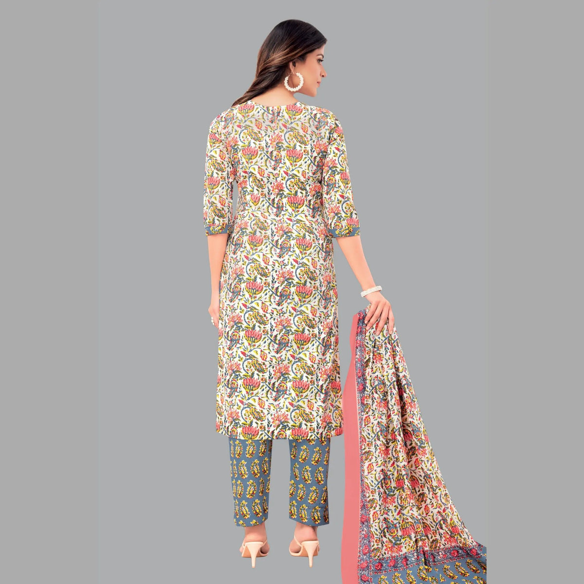 Peach Blossom Beauty: Floral Print Kurta with Block Print Pant and Matching Dupatta - Item 201