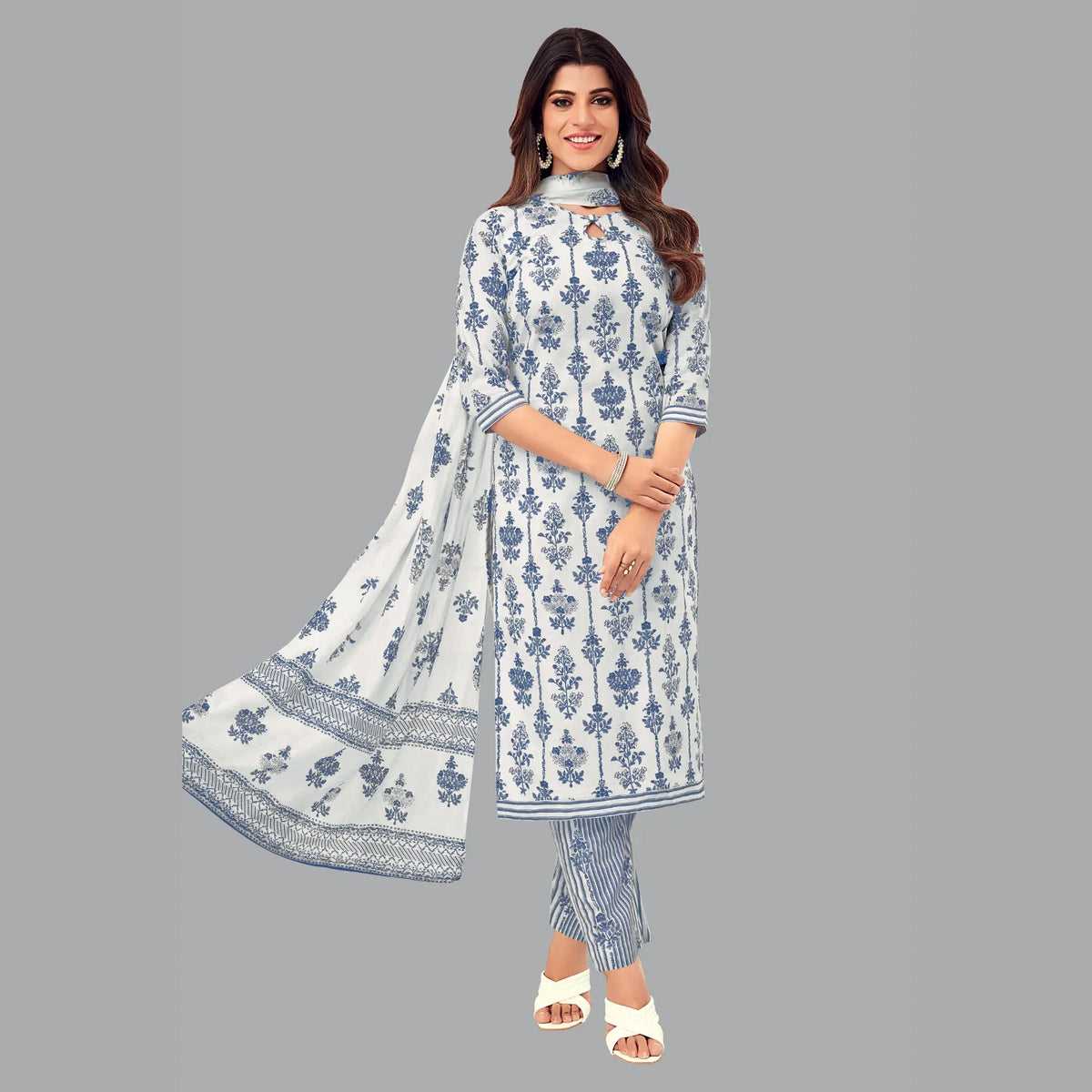 Elegant Jaipur Cotton Soft Peach Key Hole Design Kurta with Grey Straight Pant and Dupatta - Women's Fashion 191 Main image