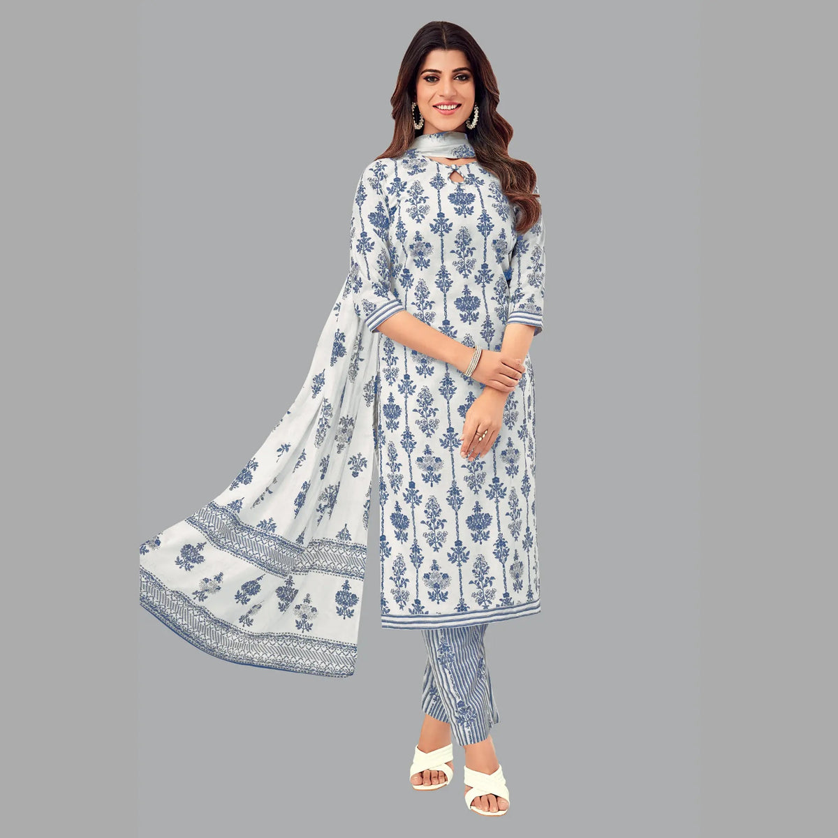 Elegant Jaipur Cotton Soft Peach Key Hole Design Kurta with Grey Straight Pant and Dupatta - Women's Fashion 191