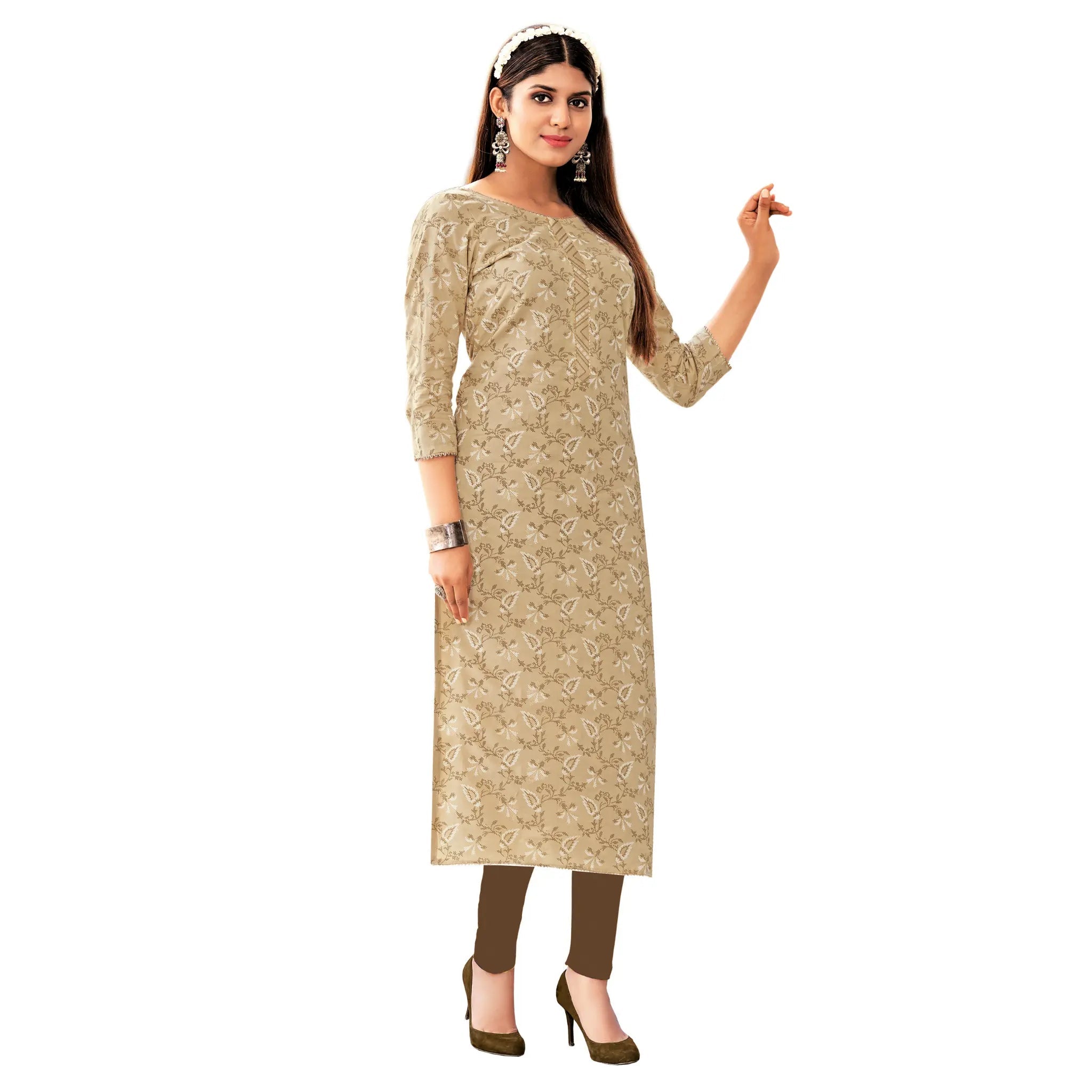 Khaki Printed Cotton Long Kurti Main image