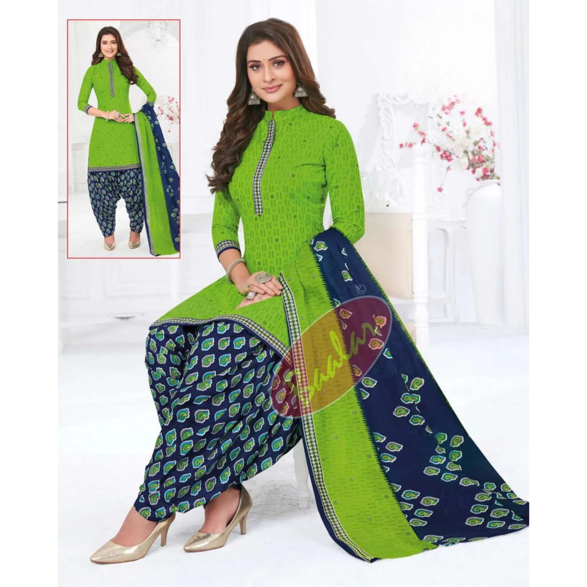 Leaf Green Top with Navy Blue Bottom and Dupatta. Soft Cotton Patiala Dress Material Sets