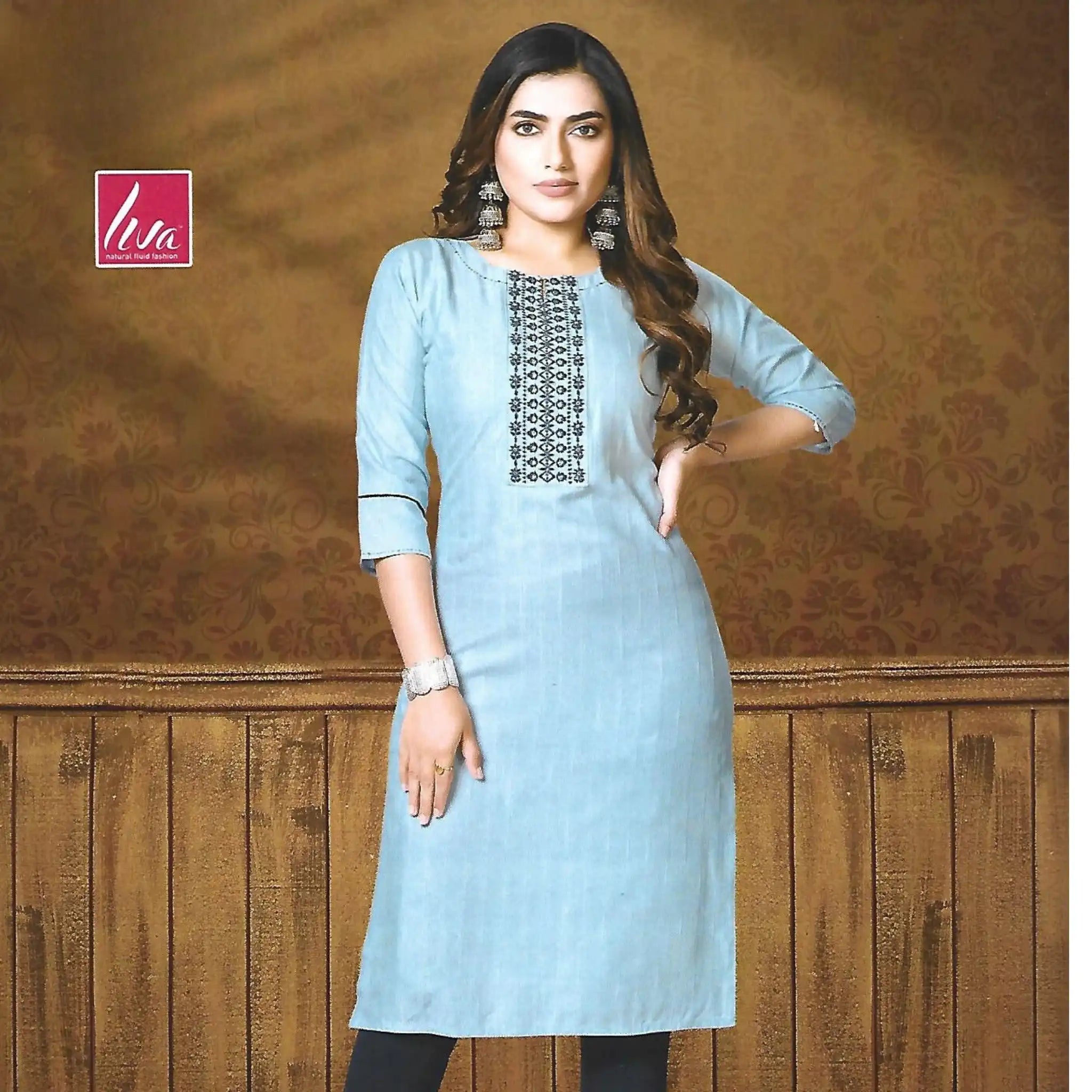 Light Blue Slim Fit Straight Cut Embroidered Kurti