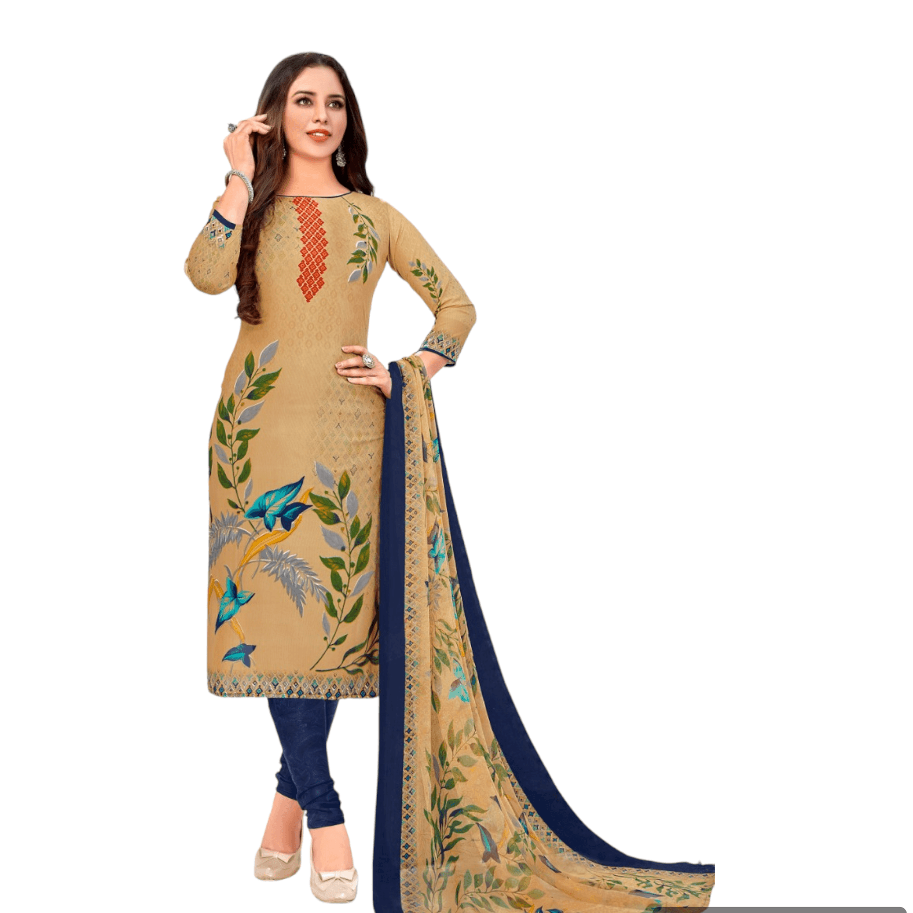 Light Brown Leaf Print Top and Dark Blue Patiala Pant Unstitched Salwar Kameez with Dupatta - Bavis Clothing
