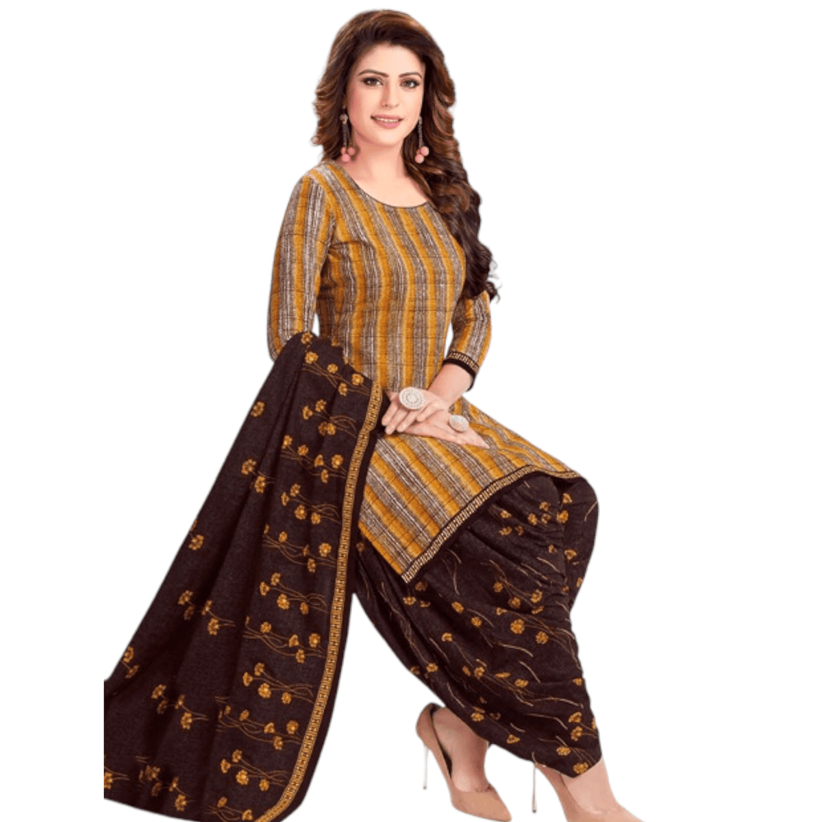 Light Brown Stiped Top and Dark Brown Patiala Pant Unstitched Salwar Kameez with Dupatta - Bavis Clothing