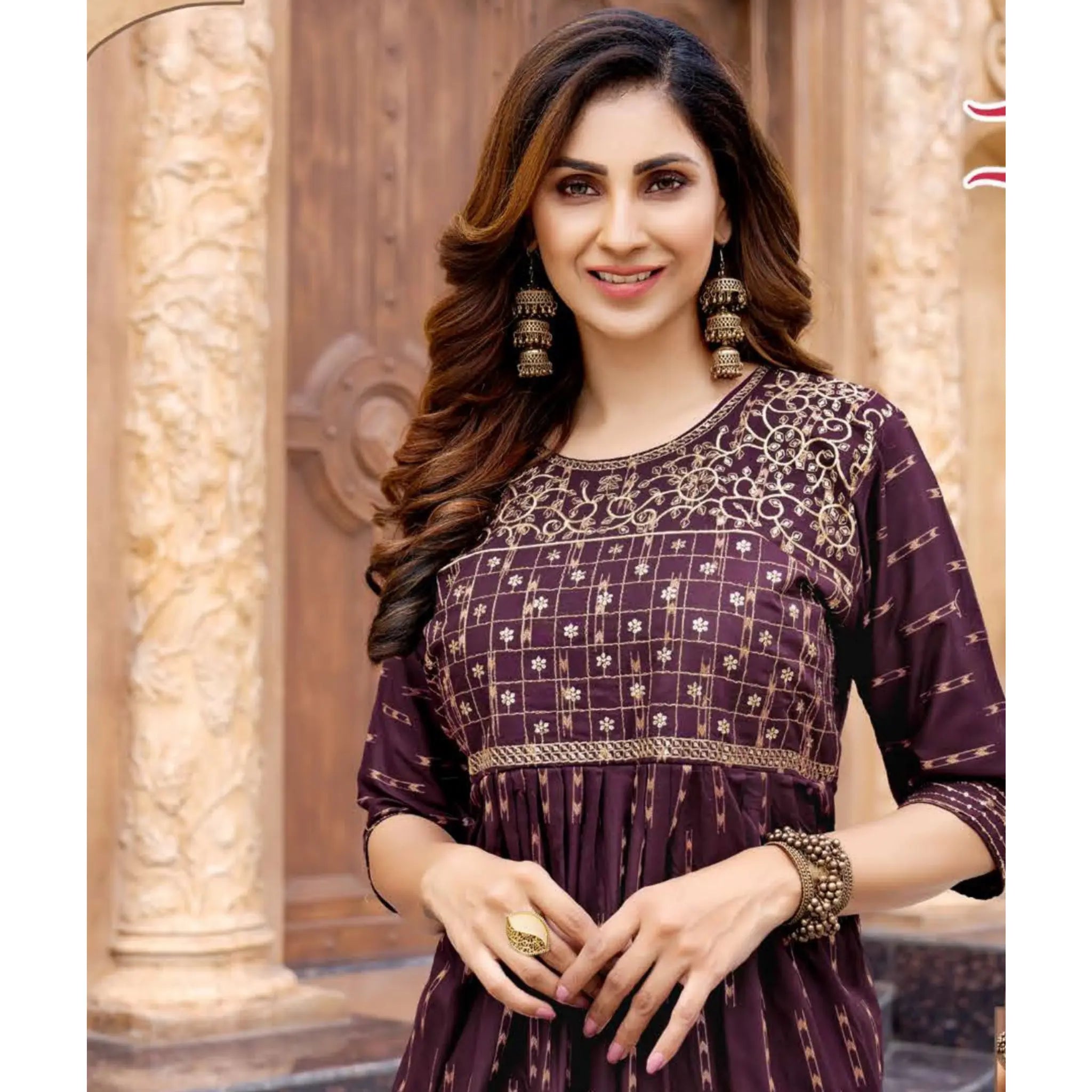 Light Chocolate Cosmos Fancy Rayon Kurti with Sequence Work