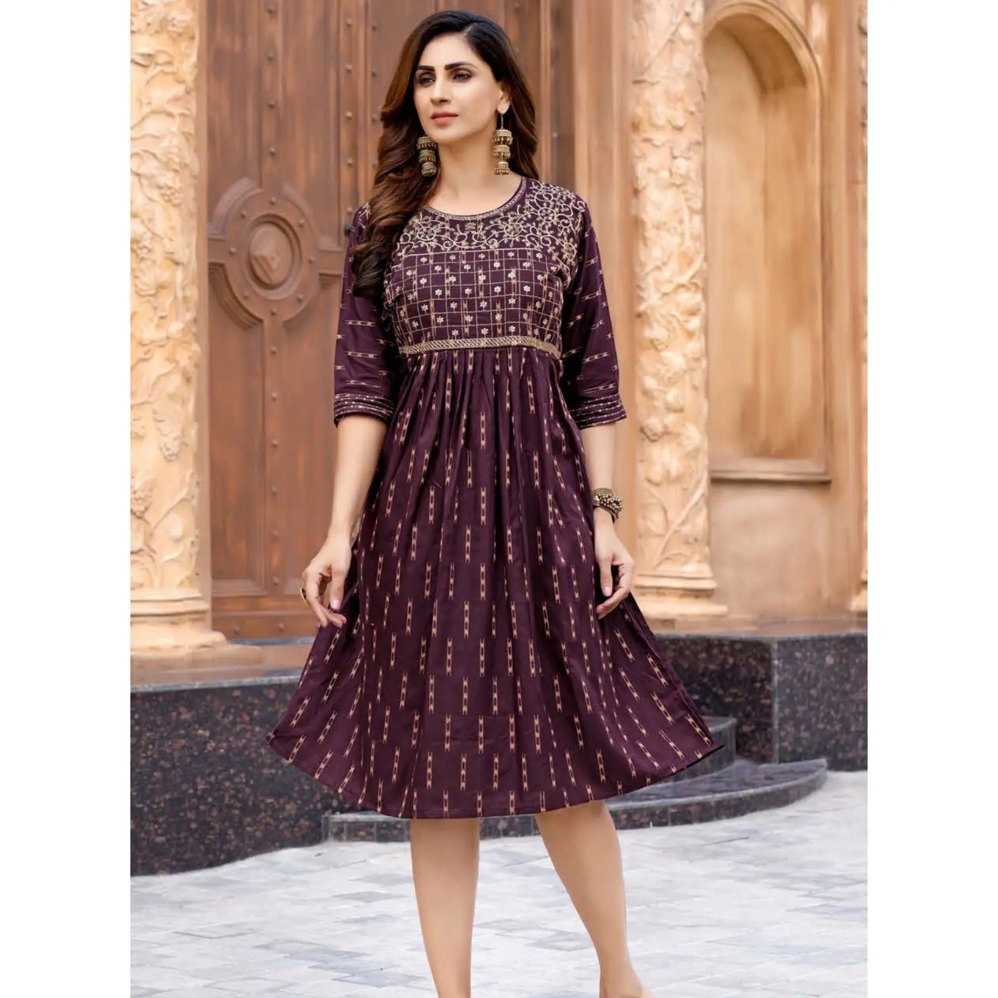 Light Chocolate Cosmos Fancy Rayon Kurti with Sequence Work Main image