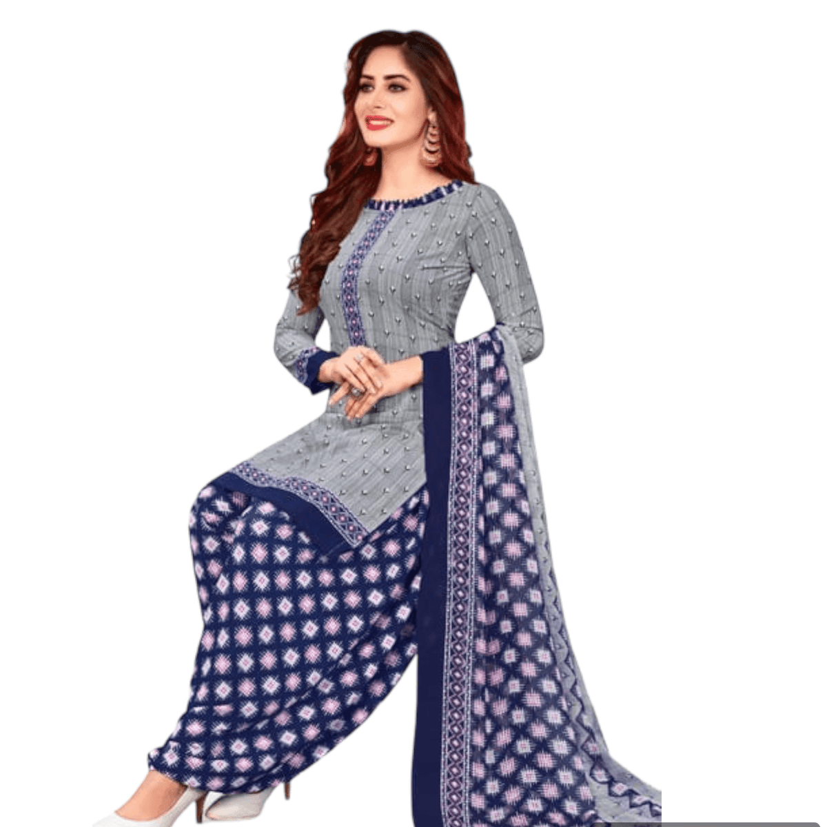 Contrasting Light Grey Churidar Top & Dark Blue Patiala & dupatta on Sale Now - Bavis Clothing Main image