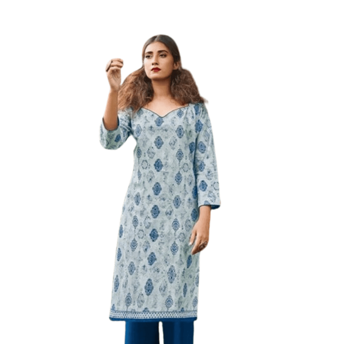 Light Grey U Neck Cotton Printed Straight Cut Kurta