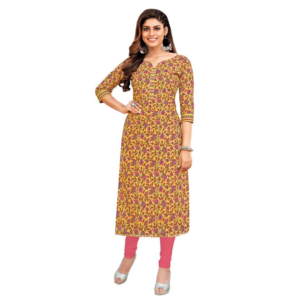 Light Mustard Floral Print Cotton Long Kurti