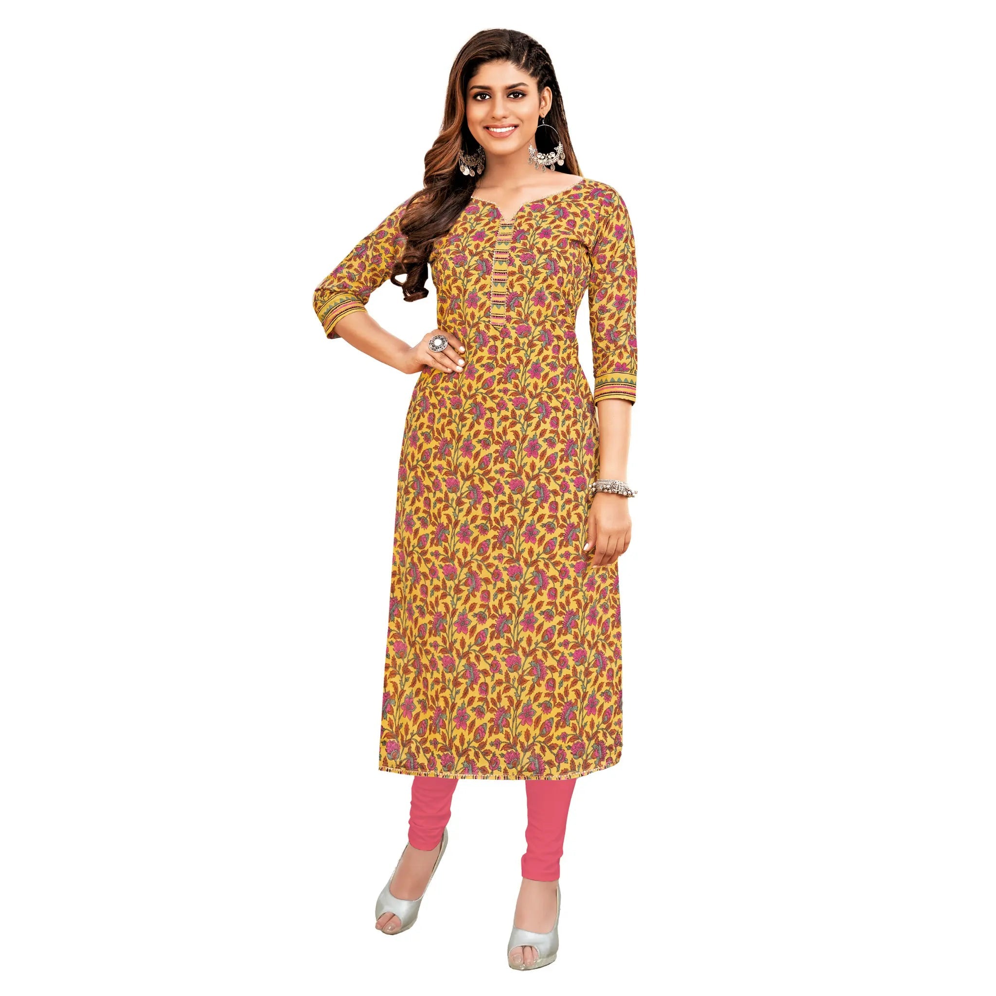 Light Mustard Floral Print Cotton Long Kurti Main image