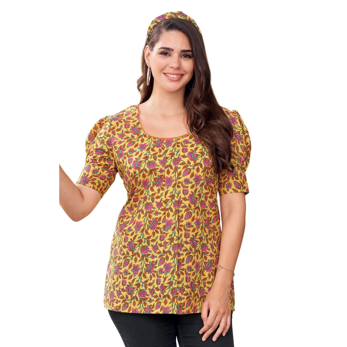Light Mustard U Neck Cotton Short Tops for Women Main image