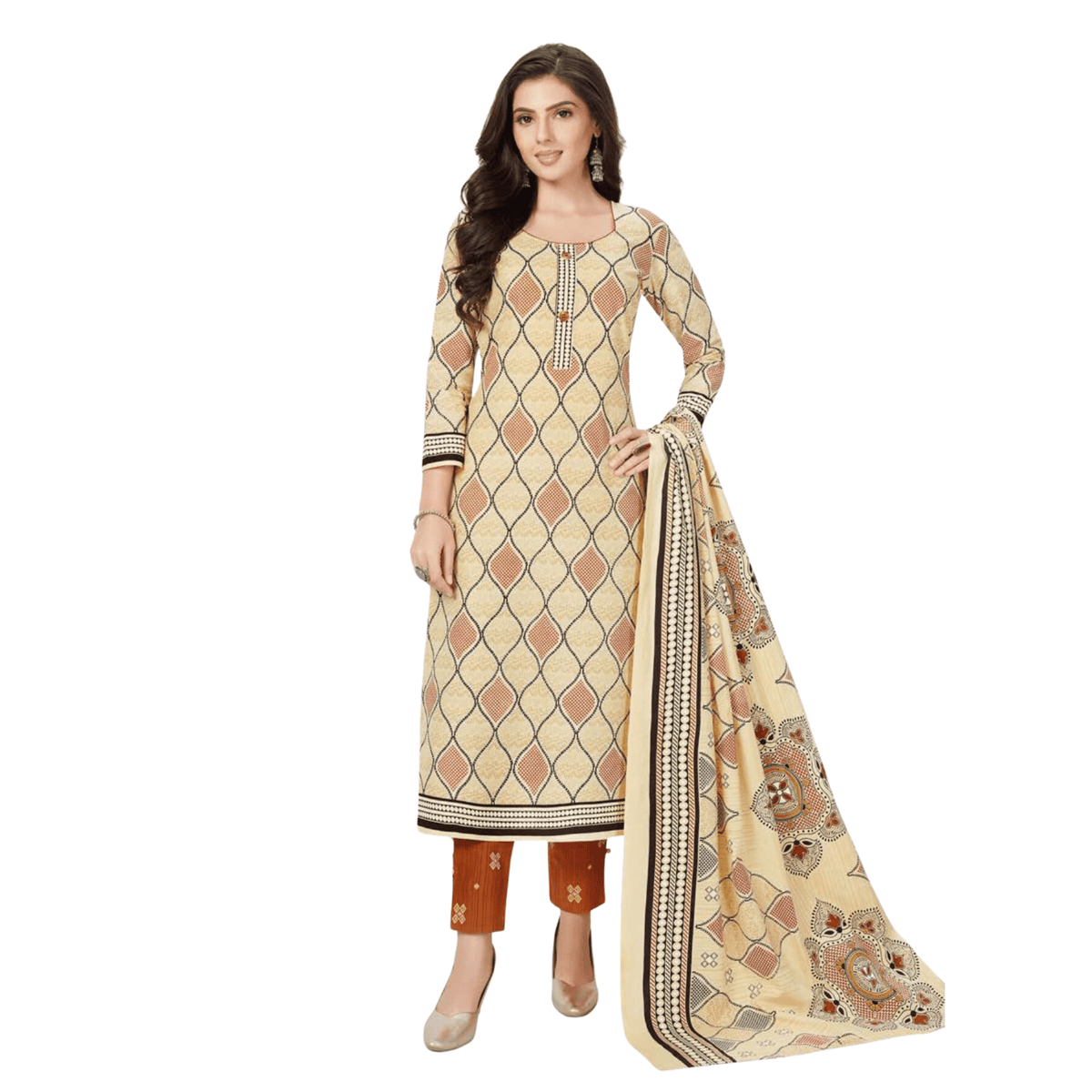 Light Peach U Neck Top with Reddish Brown Pant and Dupatta Main image