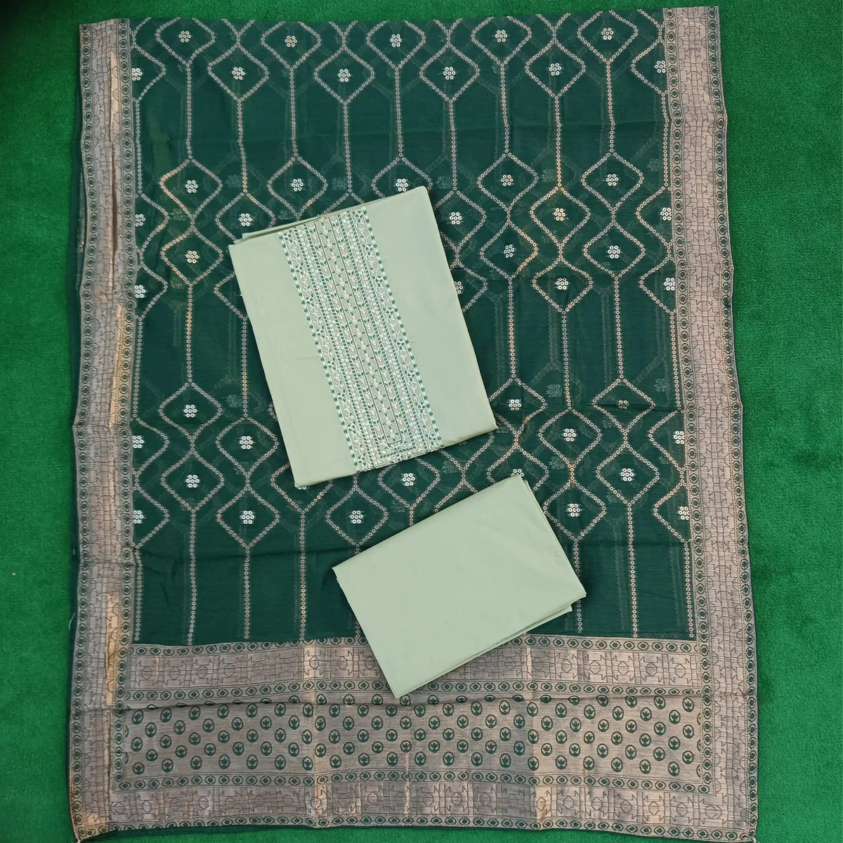 Light Pista Green Pure Jam Satin Dyed With Neck And Border Embroidery Unstitched Salwar Suit with Dupatta Main image
