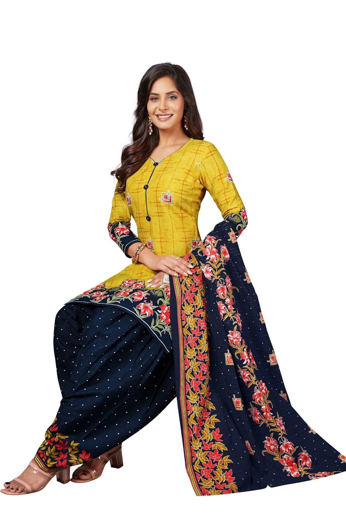 Lightning Yellow Top with Dark Blue Bottom and Dupatta. Pure Versatile Cotton Patiyala Dress.rial Sets. - Bavis Clothing Main image