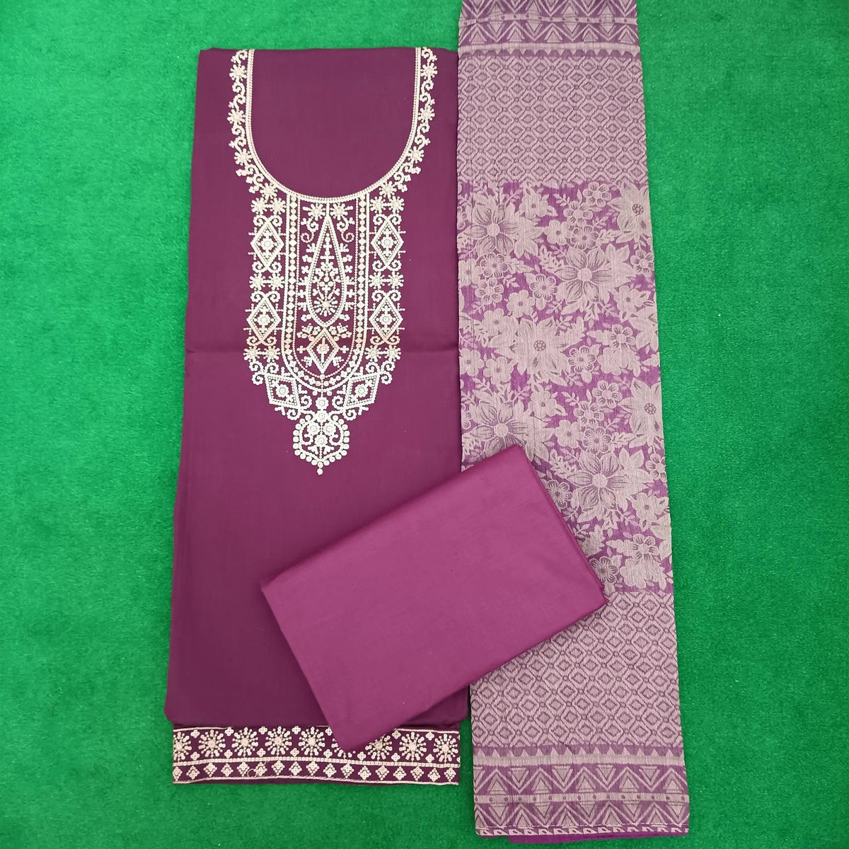 Maroon Jam Satin Neck & Border Embroidery and Solid Bottom with Jacquard Dupatta - Unstitched Salwar Suit Main image