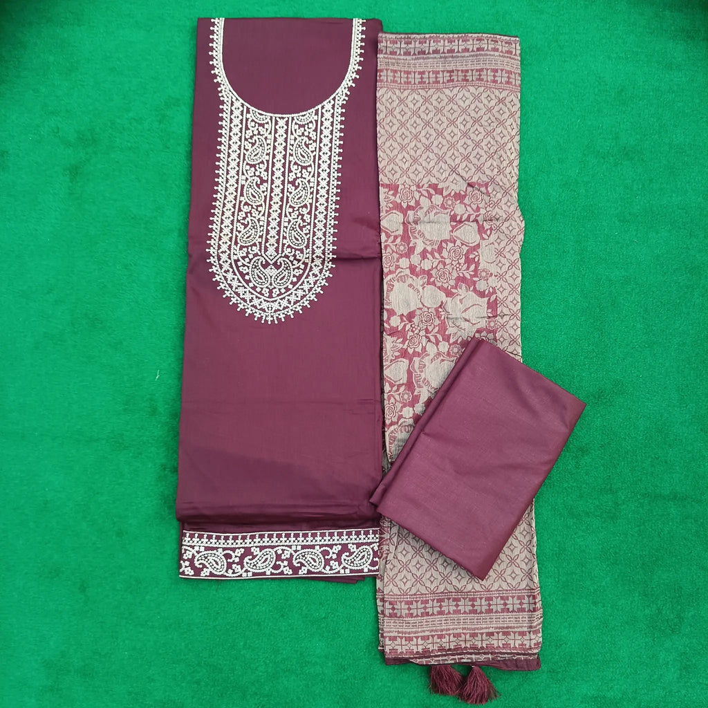 Maroon Jam Satin Unstitched Salwar Suit with Pant and Jacquard Dupatta