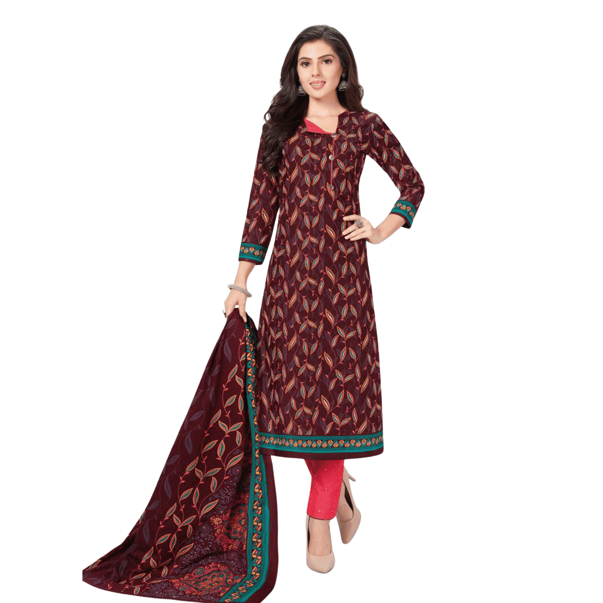 Maroon Single Flap Collar Neck Kurta with Pinkish Red Straight Pant and Dupatta Main image