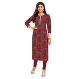 Maroon U Neck Printed Cotton Long Kurti