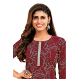 Maroon U Neck Printed Cotton Long Kurti