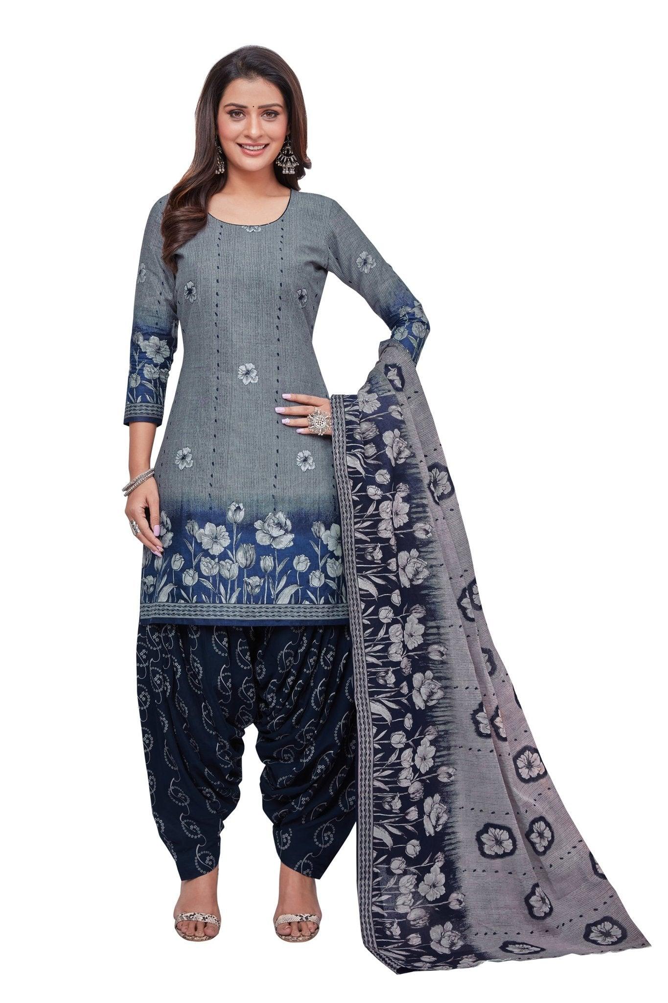 Medium Grey Top with Dark Blue Bottom and Dupatta. Soft Cotton Patiala Dress Material Sets. - Bavis Clothing