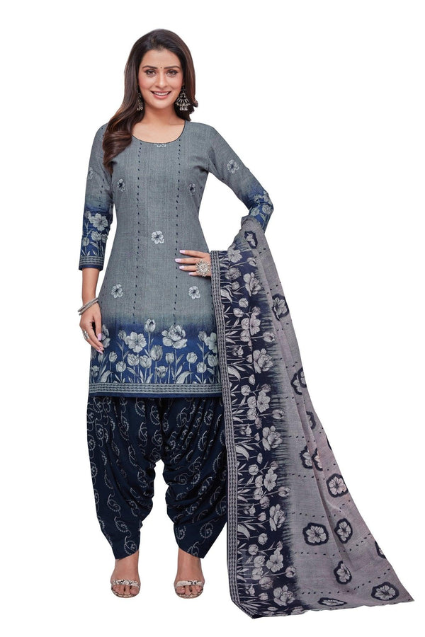 Medium Grey Top with Dark Blue Bottom and Dupatta. Soft Cotton Patiala Dress Material Sets. - Bavis Clothing