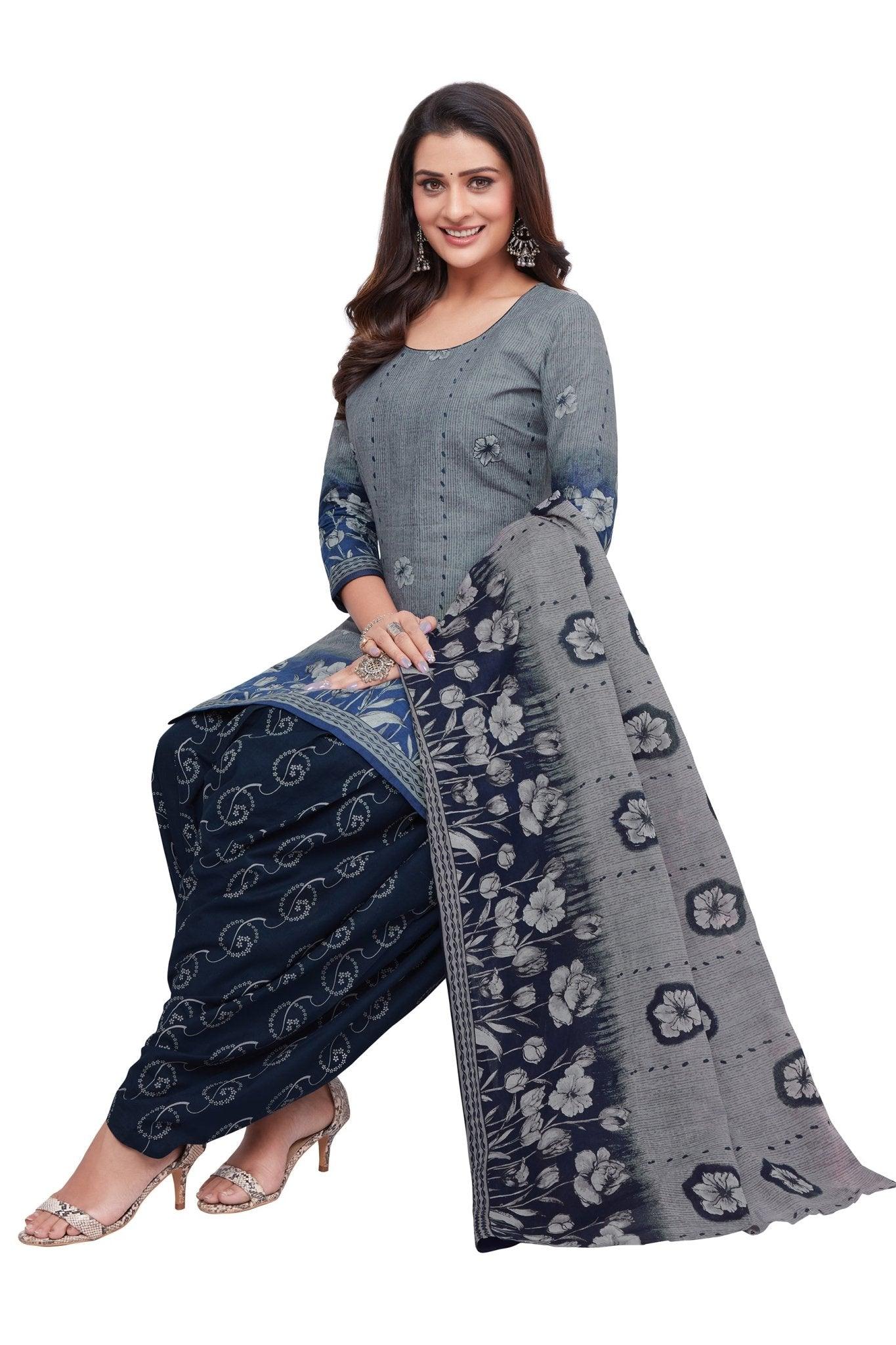 Medium Grey Top with Dark Blue Bottom and Dupatta. Soft Cotton Patiala Dress Material Sets. - Bavis Clothing