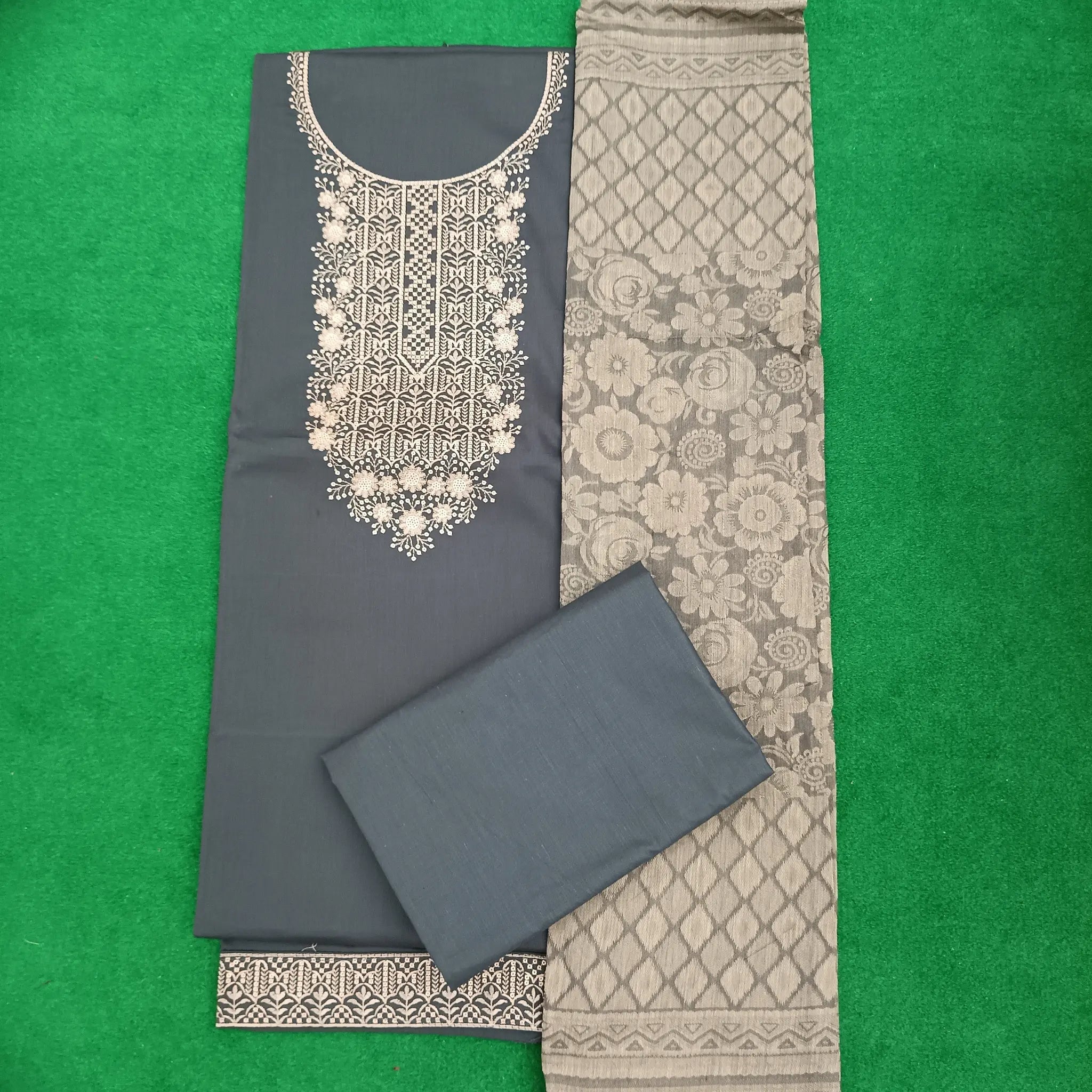 Mid Grey Jam Satin Neck & Border Embroidery and Solid Bottom with Jacquard Dupatta - Unstitched Salwar Suit
