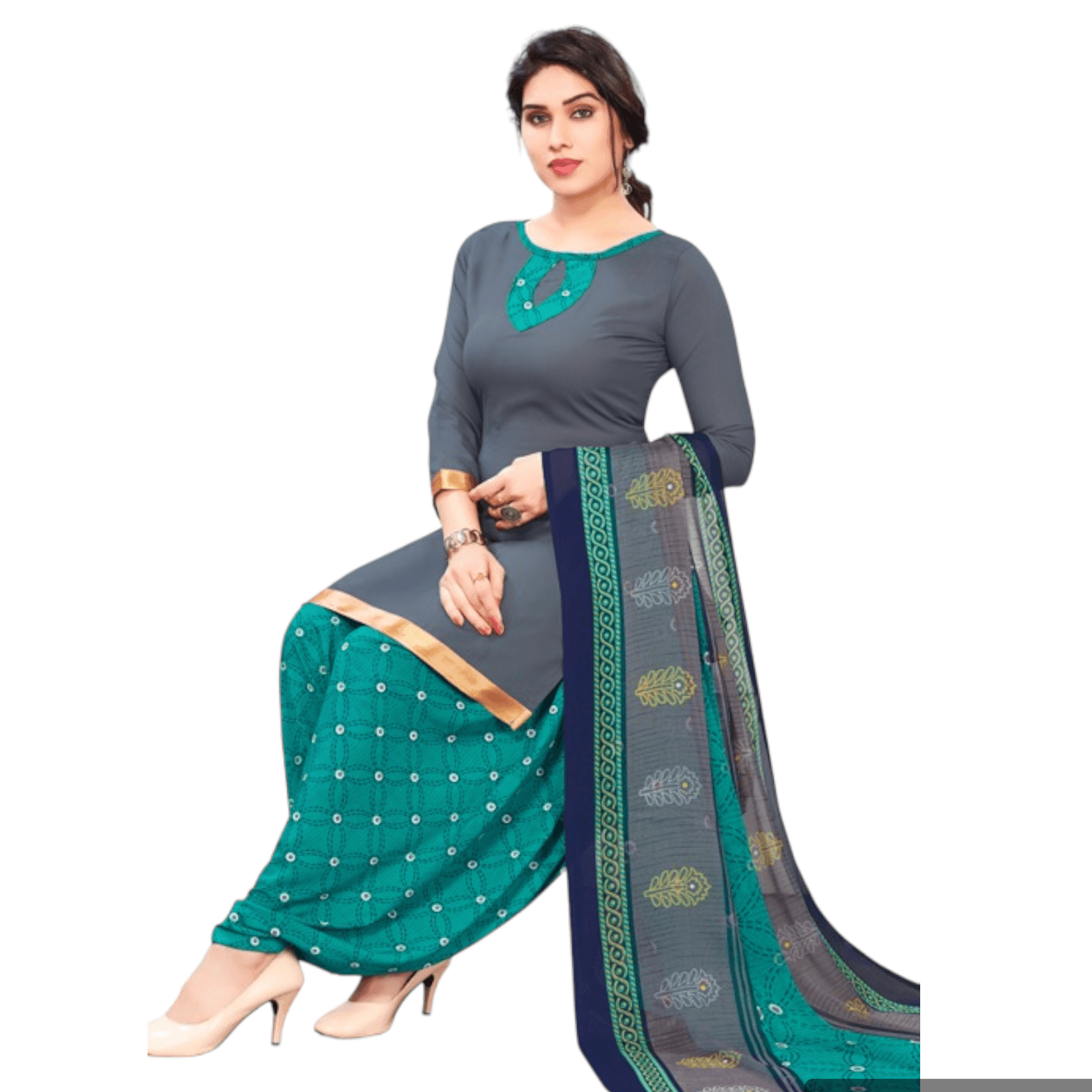 Mid Grey Plain Top with Dary Cyan Patiala Pant Unstitched Salwar Kameez with Dupatta - Bavis Clothing