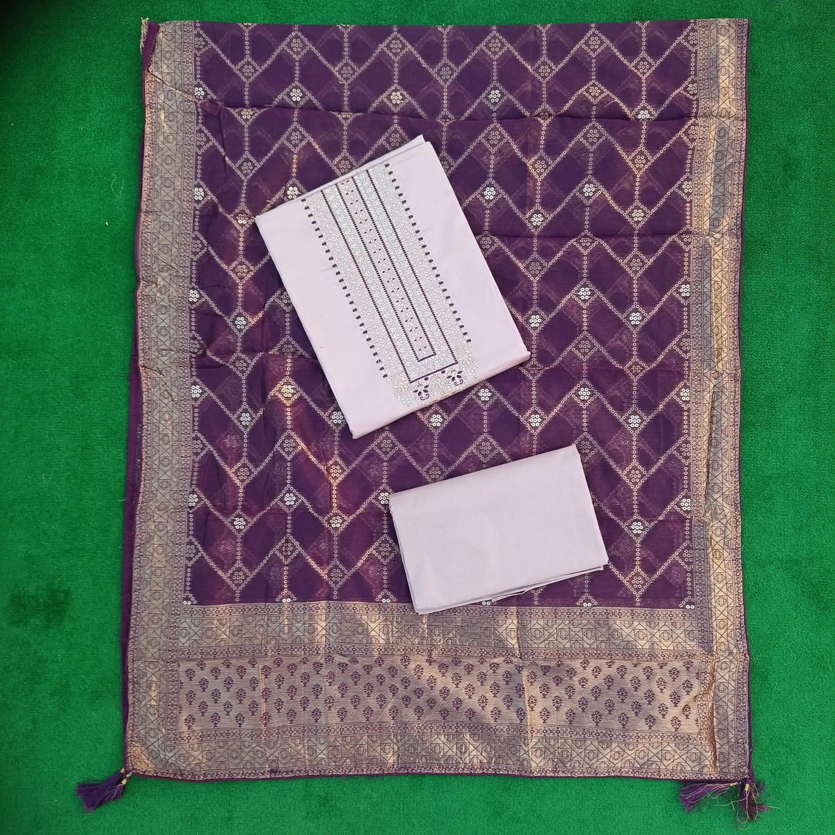 Mild Lavender Pure Jam Satin Dyed With Neck and Border Embroidery Unstitched Salwar Suit with Dupatta Main image