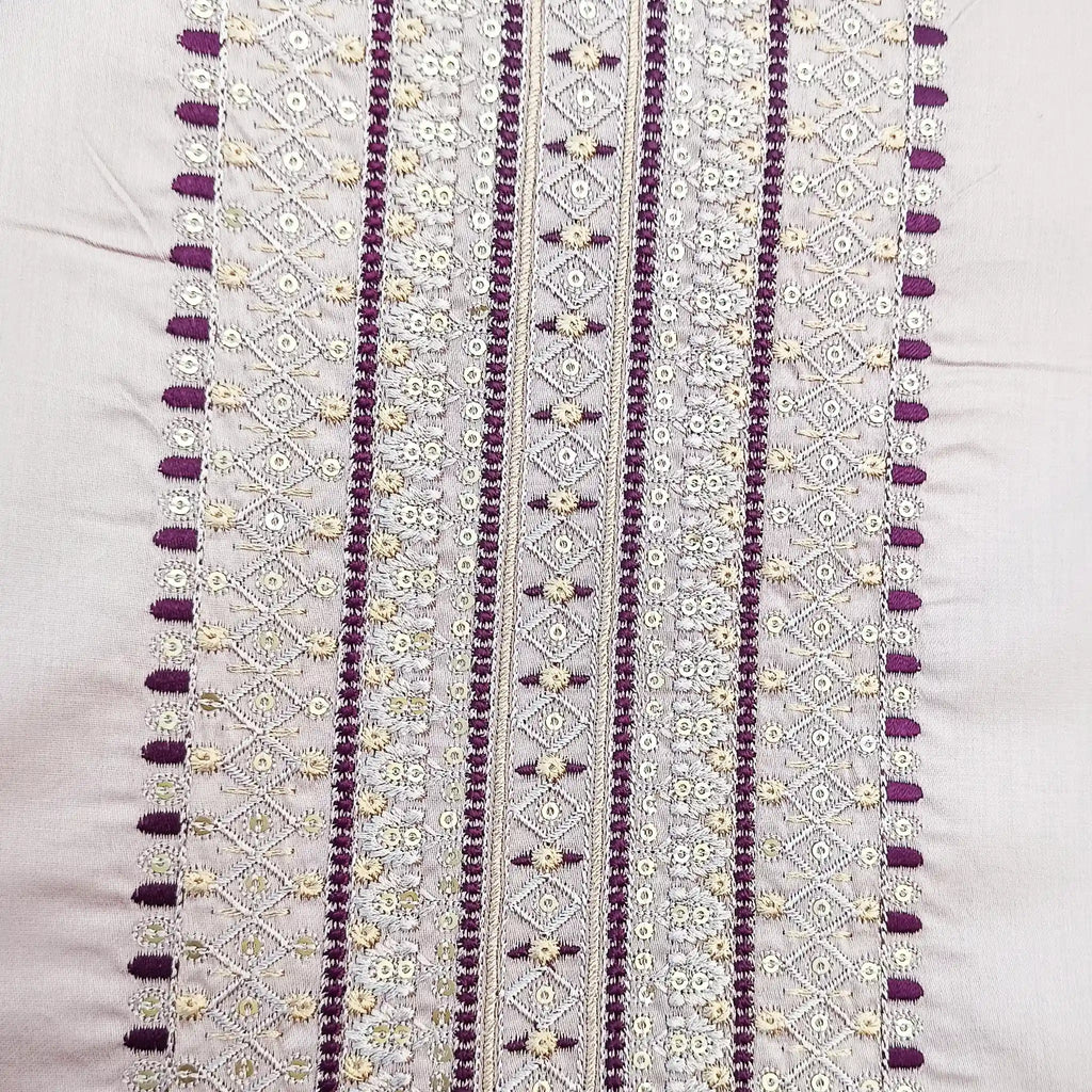 Mild Lavender Pure Jam Satin Dyed With Neck and Border Embroidery Unstitched Salwar Suit with Dupatta