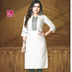 Milk White Slim Fit Straight Cut Embroidered Kurti