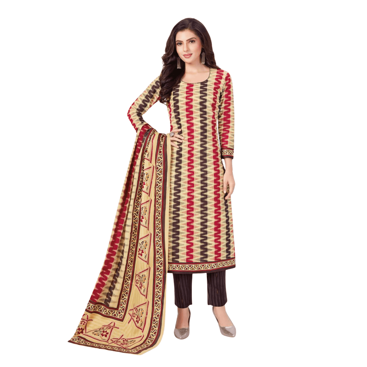 Multicolour Zigzag Design U Neck Printed Top with Pinkish Red Straight Pant and Dupatta