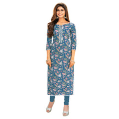 Muted Blue Floral Print Cotton Straight Cut Kurti