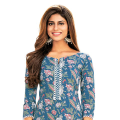 Muted Blue Floral Print Cotton Straight Cut Kurti