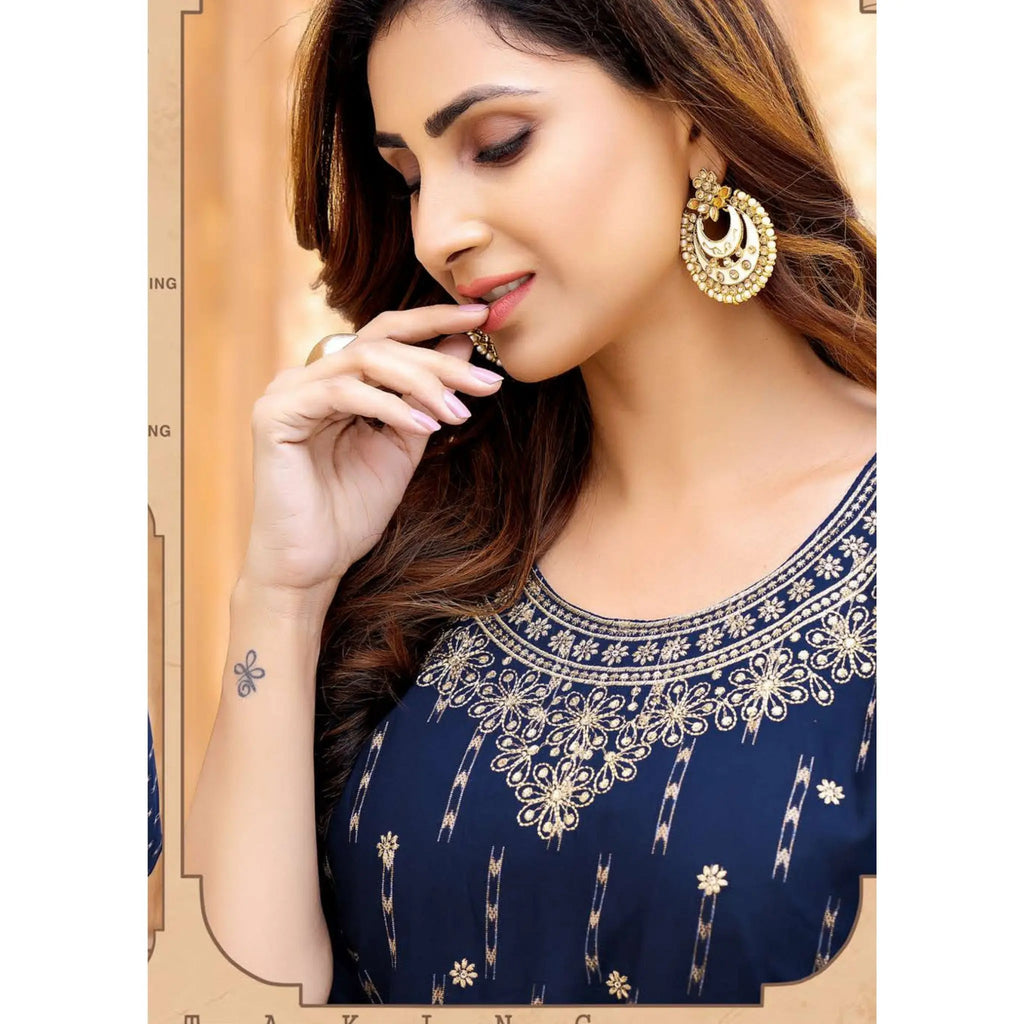 Navy Blue Fancy Rayon Kurti with Sequence Work
