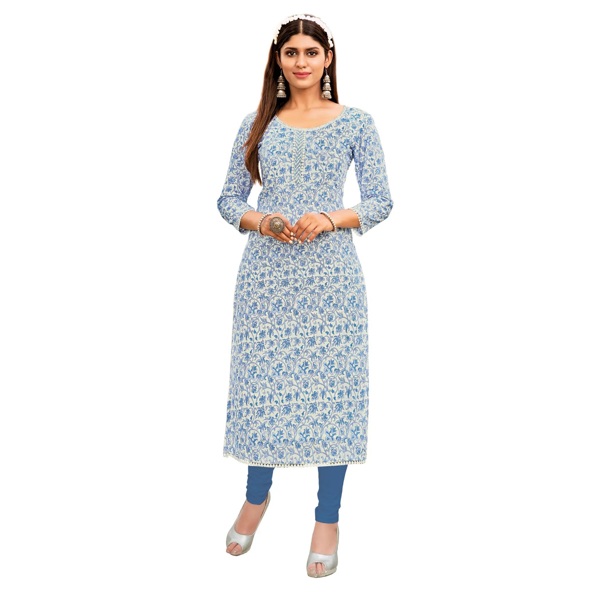 Off White Floral Print Cotton Long Kurti Main image