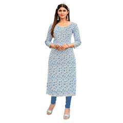 Off White Floral Print Cotton Long Kurti