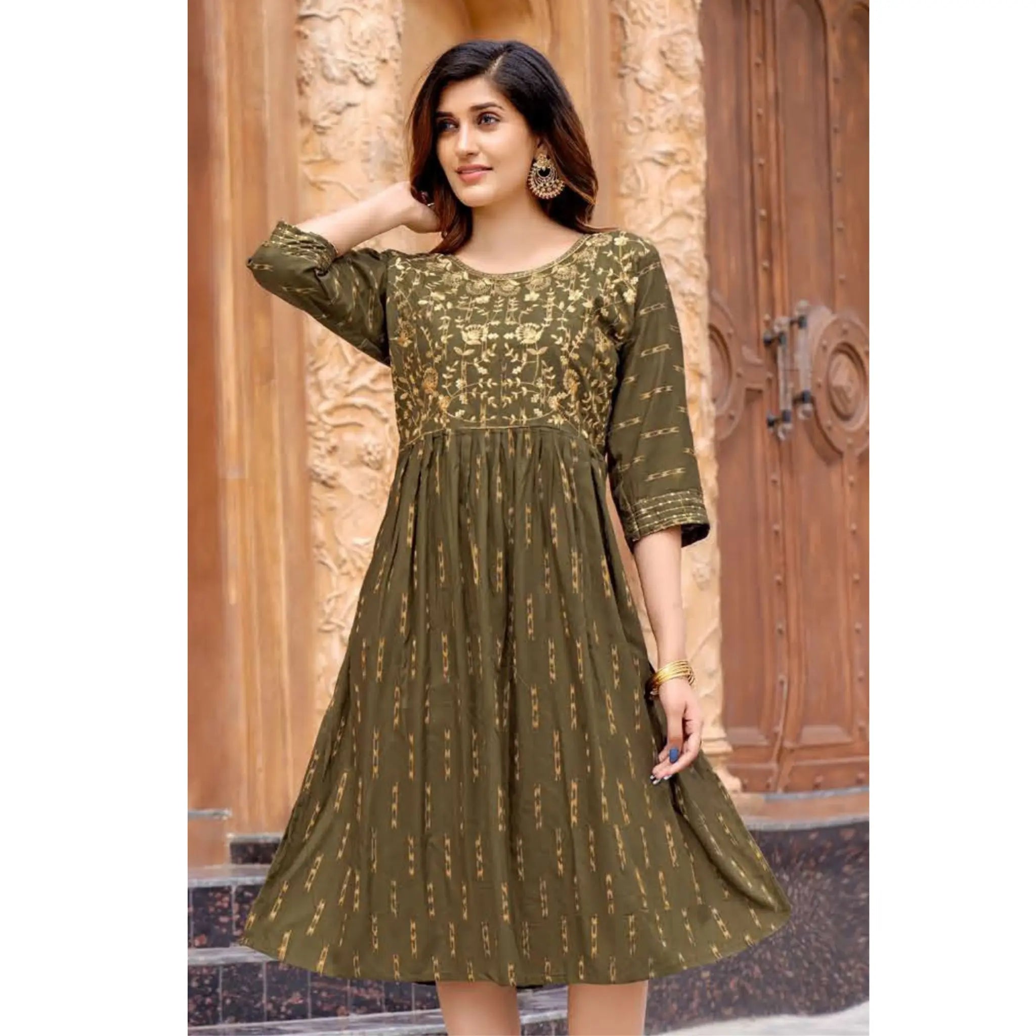 Olive Green Fancy Rayon Kurti with Sequence Work Main image
