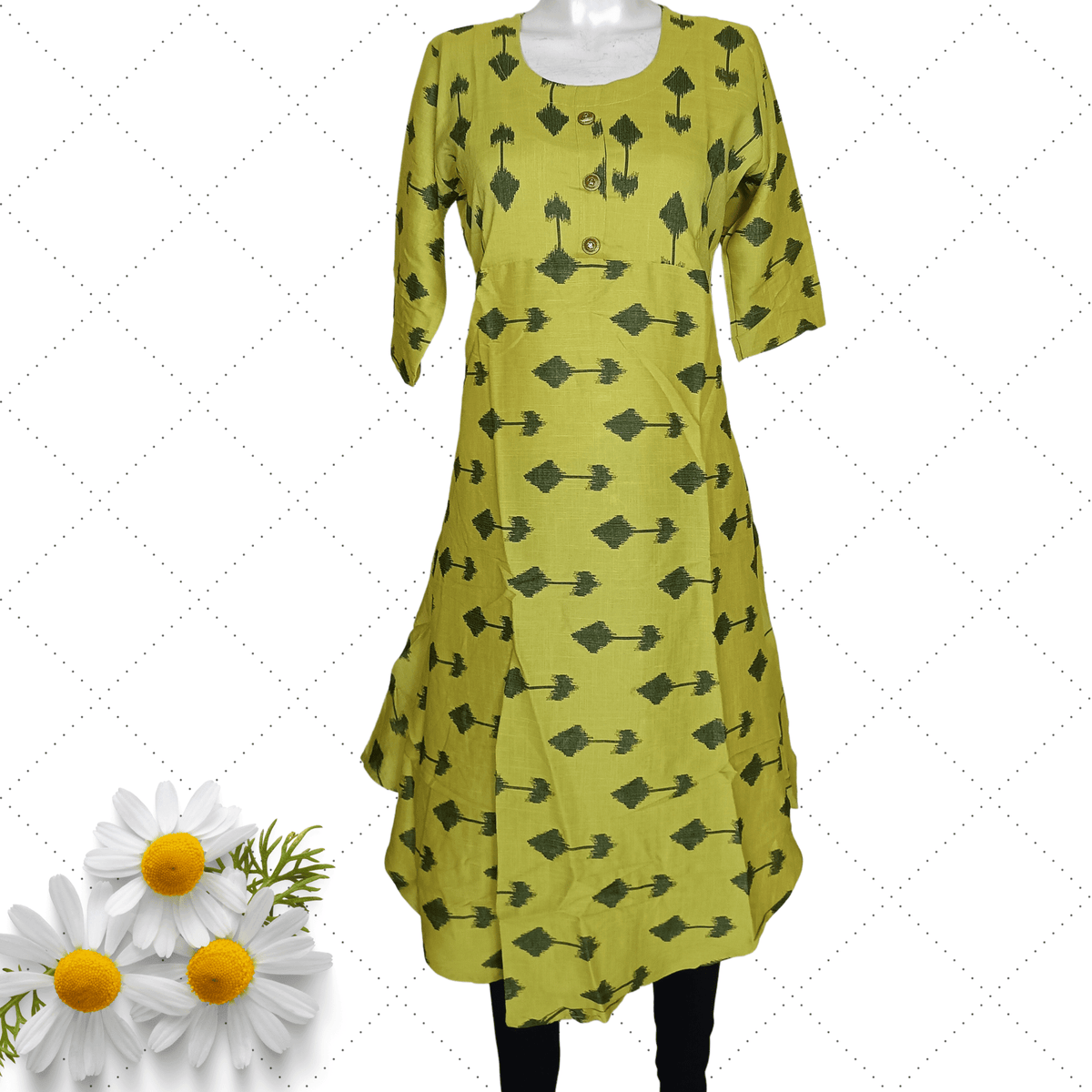 Olive Green Long Ghera Digital Print Rayon Kurti Main image