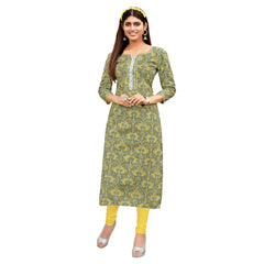 Olive Grey Floral Print U Neck Kurti